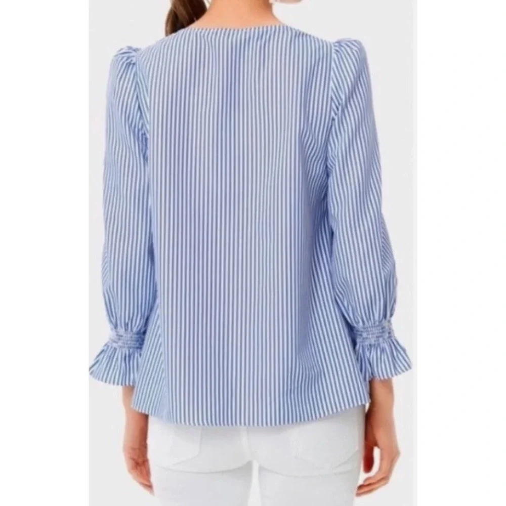 Tuckernuck‎ Easton Smocked Ruffle Top Blue White Striped Puff XS Preppy Coastal